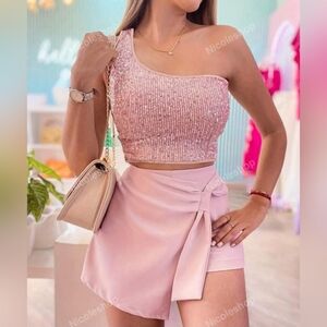 Pink Sequin One-Shoulder Crop Top and Skirt Set
